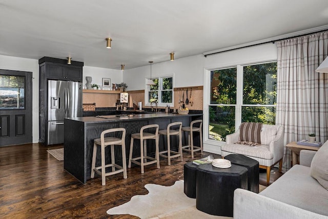 living room featuring dark hardwood / wood-style floors and sink