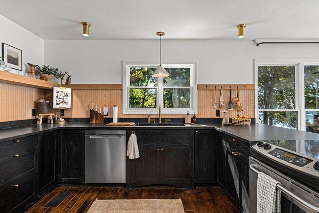 kitchen with stainless steel appliances, hanging light fixtures, dark wood-type flooring, and sink