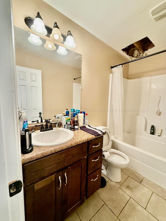 bathroom with visible vents, toilet, tile patterned floors, vanity, and shower / bathtub combination with curtain