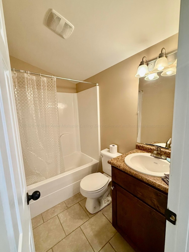 full bathroom featuring visible vents, toilet, tile patterned floors, vanity, and shower / bathtub combination with curtain