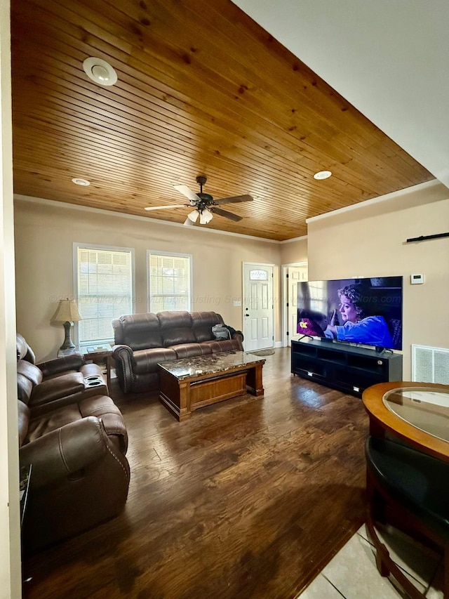 living room featuring wooden ceiling, a ceiling fan, visible vents, and dark wood-type flooring