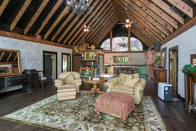 living room featuring high vaulted ceiling, dark hardwood / wood-style flooring, beamed ceiling, and ceiling fan with notable chandelier