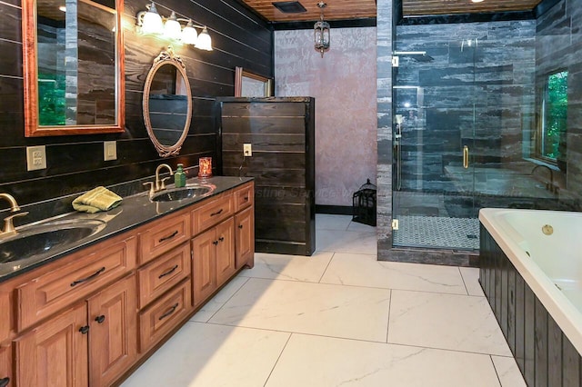 bathroom with independent shower and bath, wood ceiling, and vanity