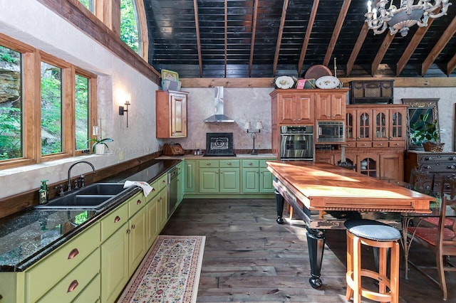 kitchen featuring green cabinets, appliances with stainless steel finishes, sink, dark wood-type flooring, and wall chimney range hood