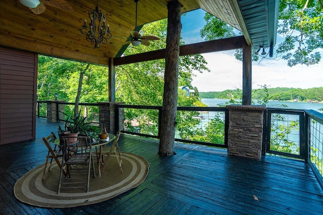 wooden terrace featuring ceiling fan and a water view