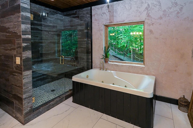 bathroom featuring wood ceiling and plus walk in shower