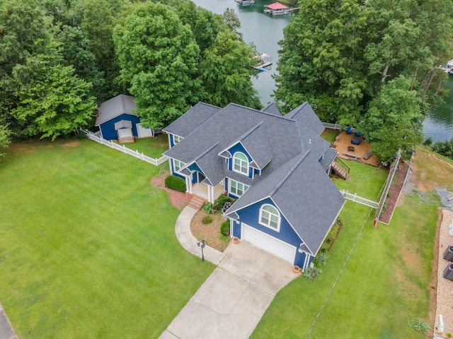 birds eye view of property featuring a water view