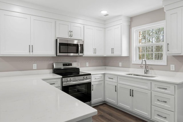 kitchen featuring white cabinets, stainless steel appliances, dark wood-style flooring, light stone countertops, and a sink