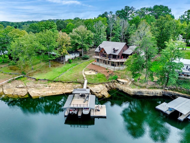 aerial view featuring a water view