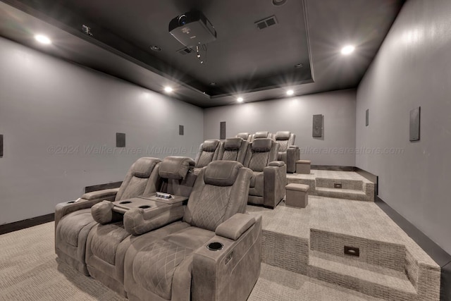 cinema with light carpet and a tray ceiling