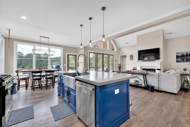 kitchen featuring a kitchen island with sink, sink, blue cabinetry, dark hardwood / wood-style flooring, and stainless steel appliances