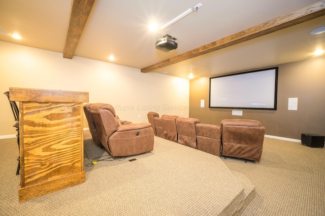 cinema featuring recessed lighting, baseboards, beam ceiling, and carpet floors