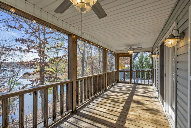 snow covered deck featuring ceiling fan