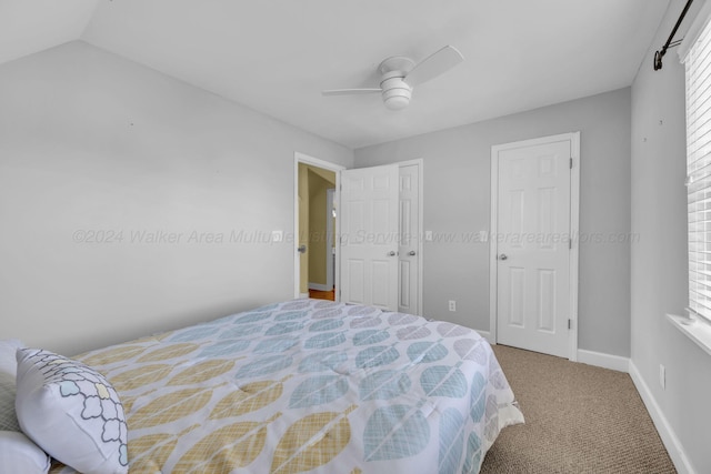 bedroom with ceiling fan, lofted ceiling, carpet floors, and two closets