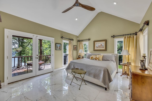 bedroom with ceiling fan, access to exterior, french doors, and multiple windows