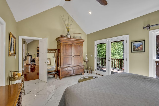 bedroom with access to outside, ceiling fan, french doors, and high vaulted ceiling