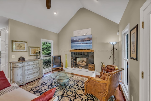 living room with hardwood / wood-style flooring and high vaulted ceiling