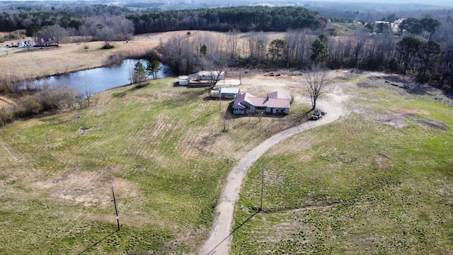 bird's eye view with a water view and a rural view