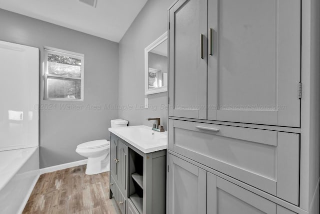 bathroom with vanity, hardwood / wood-style flooring, and toilet