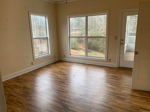 empty room featuring plenty of natural light and dark hardwood / wood-style floors