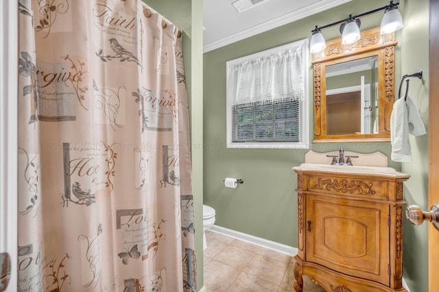 bathroom with vanity, tile patterned floors, crown molding, toilet, and curtained shower