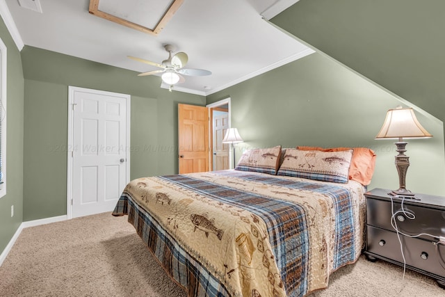 bedroom featuring light carpet, ceiling fan, and ornamental molding