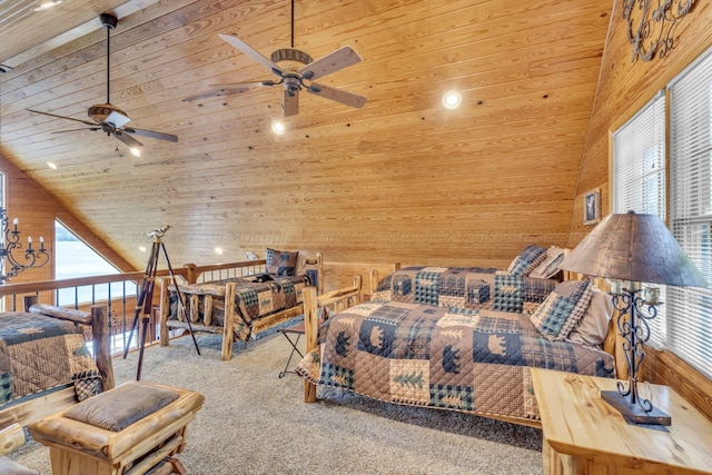 bedroom with wooden walls, high vaulted ceiling, and wooden ceiling