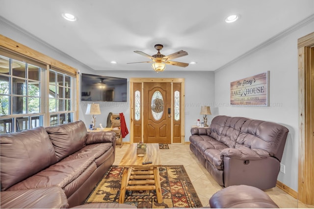 tiled living room featuring ceiling fan and ornamental molding