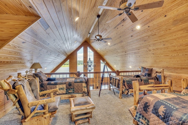 carpeted bedroom featuring lofted ceiling, wooden ceiling, and wooden walls