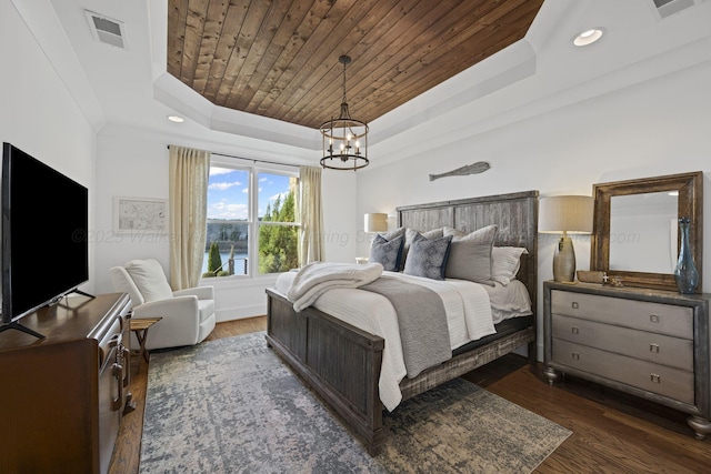 bedroom featuring dark hardwood / wood-style flooring, a tray ceiling, wooden ceiling, and a notable chandelier