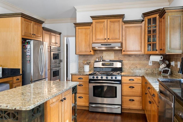 kitchen featuring decorative backsplash, glass insert cabinets, appliances with stainless steel finishes, ornamental molding, and under cabinet range hood