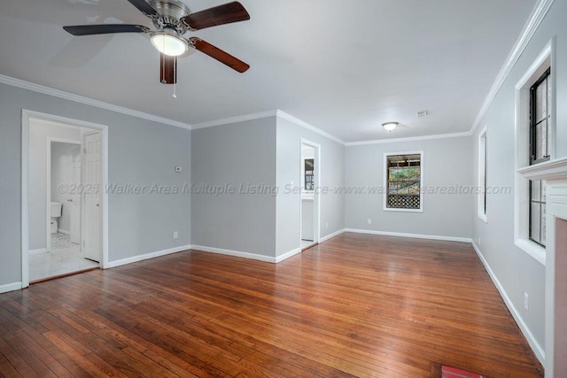 unfurnished room with ceiling fan, wood-type flooring, and ornamental molding