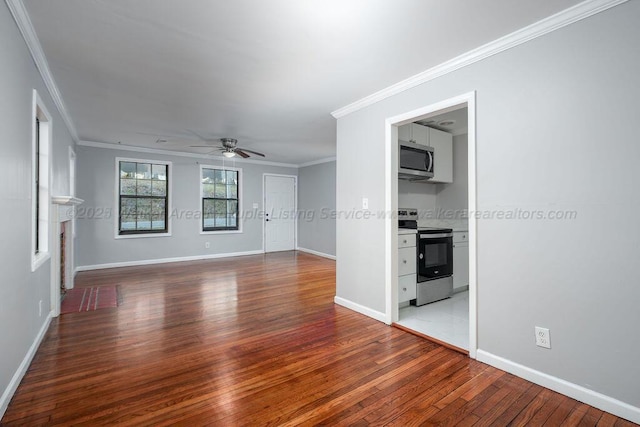 unfurnished living room with ceiling fan, light hardwood / wood-style flooring, and ornamental molding