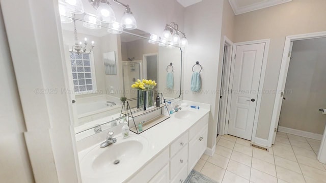 bathroom with double vanity, a stall shower, a sink, and tile patterned floors