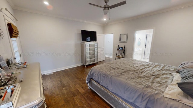 bedroom featuring connected bathroom, recessed lighting, baseboards, dark wood finished floors, and crown molding