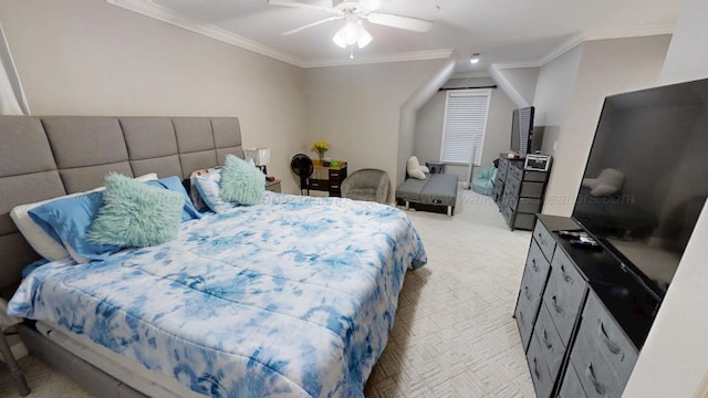 bedroom with light carpet, a ceiling fan, and crown molding