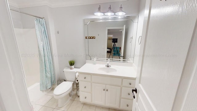 bathroom with toilet, ornamental molding, shower / tub combo with curtain, tile patterned flooring, and vanity