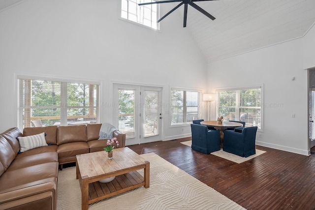 living room featuring ceiling fan, a towering ceiling, and dark hardwood / wood-style flooring