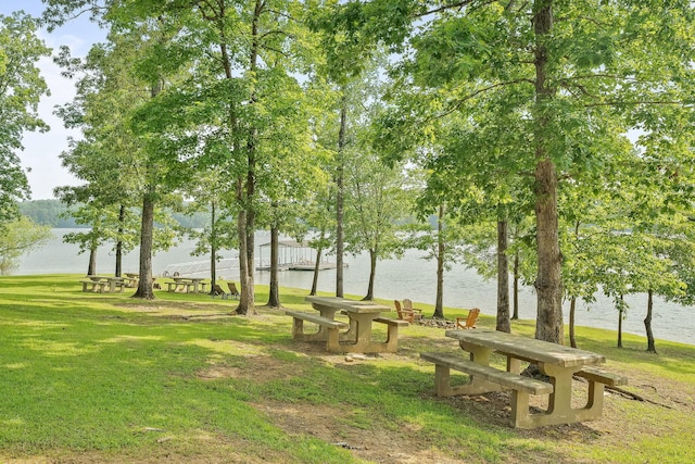 surrounding community featuring a water view and a yard