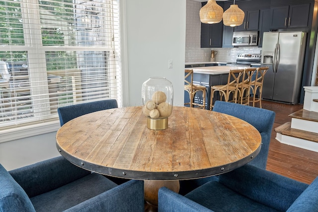 dining space featuring dark wood-type flooring