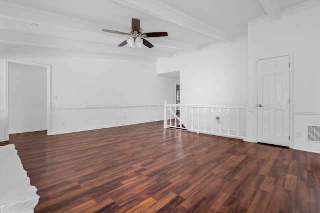 unfurnished room with beam ceiling, dark hardwood / wood-style flooring, and ceiling fan