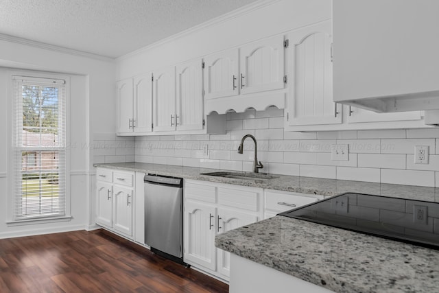 kitchen featuring sink, stainless steel dishwasher, light stone countertops, dark hardwood / wood-style flooring, and white cabinetry