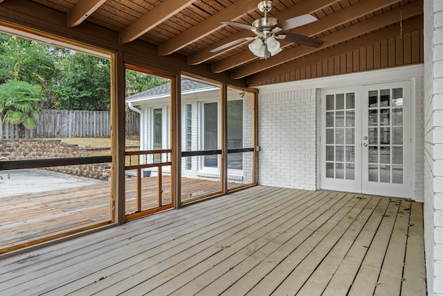 deck featuring ceiling fan and french doors