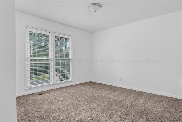 carpeted empty room with a textured ceiling