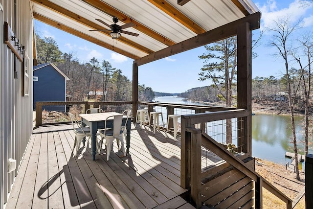 wooden terrace featuring ceiling fan and a water view