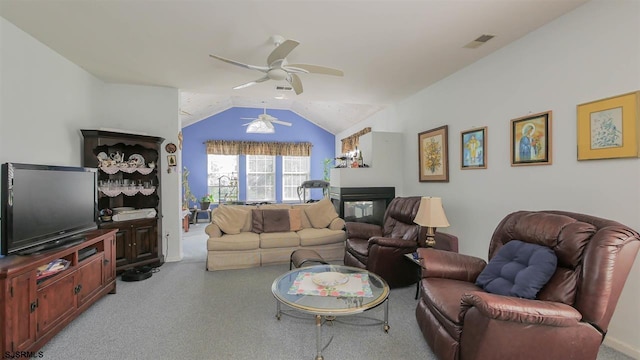 living room featuring lofted ceiling and ceiling fan