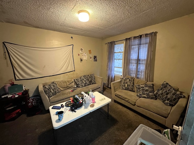 living room featuring carpet and a textured ceiling