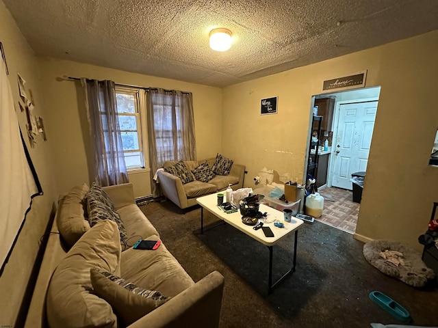 carpeted living room with a textured ceiling