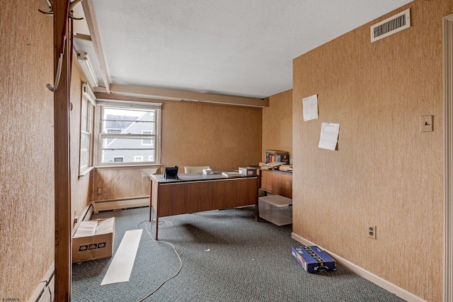 carpeted office with a textured ceiling and baseboard heating