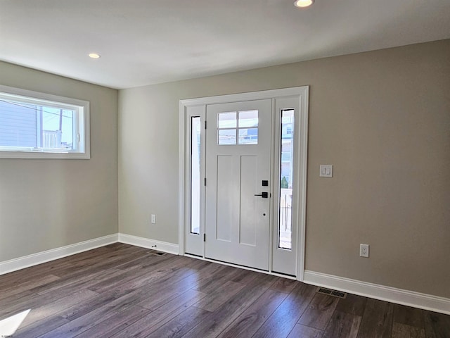 foyer entrance featuring a wealth of natural light and dark hardwood / wood-style flooring